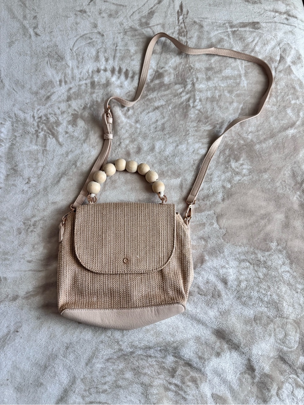 Beaded Handle Woven Crossbody Bag in Light Beige